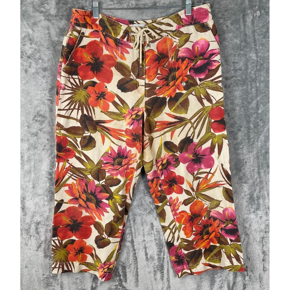 Chicos Wide Leg Cropped Pants Size 2.5 US 14 Floral Linen Cotton Lagenlook Beach